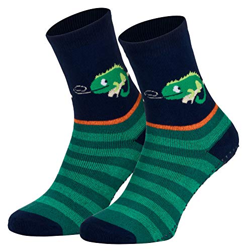 2 Paar Kinder Stoppersocken ABS Socken Anti Rutschsocken Noppen Baumwolle Jungen Mädchen Blau Gecko 23 24 25 26 von Piarini