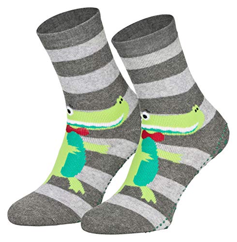 2 Paar Kinder Stoppersocken ABS Socken Anti Rutschsocken Noppen Baumwolle Jungen Mädchen Grau Krokodil 27 28 29 30 von Piarini