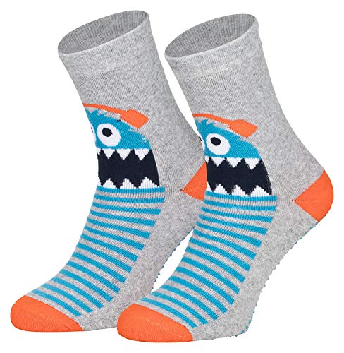 2 Paar Kinder Stoppersocken ABS Socken Anti Rutschsocken Noppen Baumwolle Jungen Mädchen Grau Monster 23 24 25 26 von Piarini