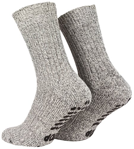 Piarini 2 Paar Stoppersocken Frotteesohle ABS Socken Herren Anti Rutschsocken Noppen Schafwolle Wintersocken grau 43-46 von Piarini