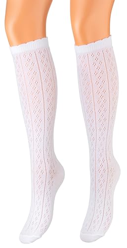 Piarini 35-38 1 Paar Dirndlstrümpfe Damen - lange Trachtenkniestrümpfe mit Häkellook - Trachtenstrümpfe aus Baumwolle lang weiß von Piarini