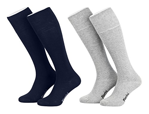 Piarini 39-42 4 Paar Business Kniestrümpfe Herren lang - Baumwollstrümpfe ohne Gummibund Baumwolle - Herrenstrümpfe 2Paar marine-2Paar grau von Piarini