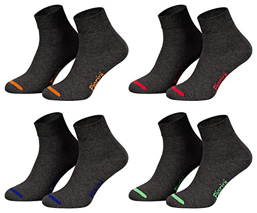 Piarini 8 Paar kurze Socken Kurzsocken Quarter Socken für Damen Herren - dünn ohne Gummibund - anthrazit mit Neonspitze 47-50 von Piarini