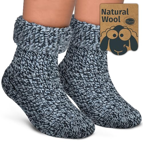 Piarini Kinder ABS Stoppersocken 1 Paar Wollsocken Wintersocken Norwegersocken mit Innenfrottee 23-26 Blaumeliert von Piarini