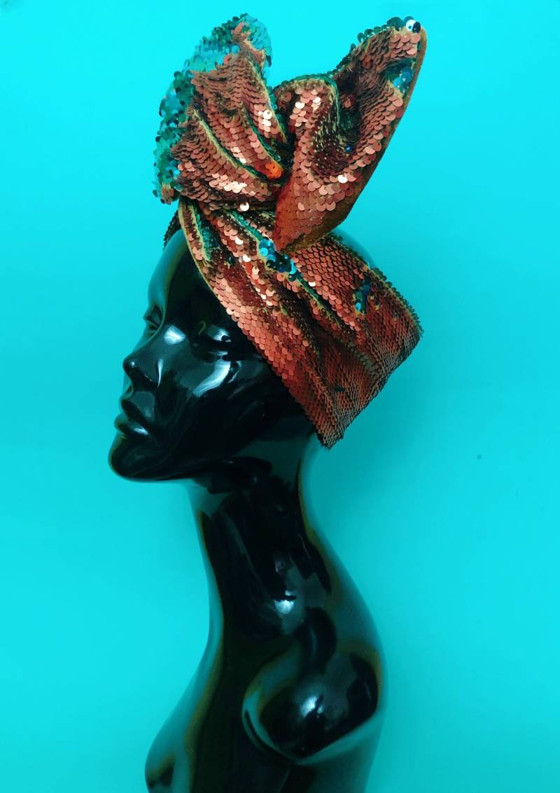 Kupfer Orange & Türkis Wendbare Pailletten Und Luxus Samtdraht Haarband/ Turban/ Schleife. Festival Mode, Burning Man von PicaPicaFeathers