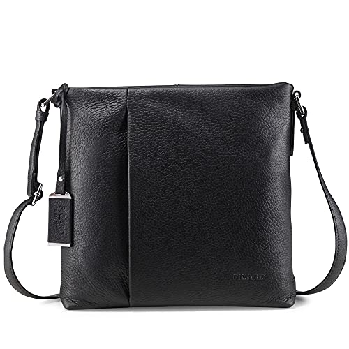 Picard Pure Shopper aus fein genarbtem Rindsleder - Reissverschluss, verstellbarer Tragegurt, 2 Steckfächer mit Gummizug 24 x 24 x 4,5 cm (H/B/T) Damen (9426), schwarz, s von Picard