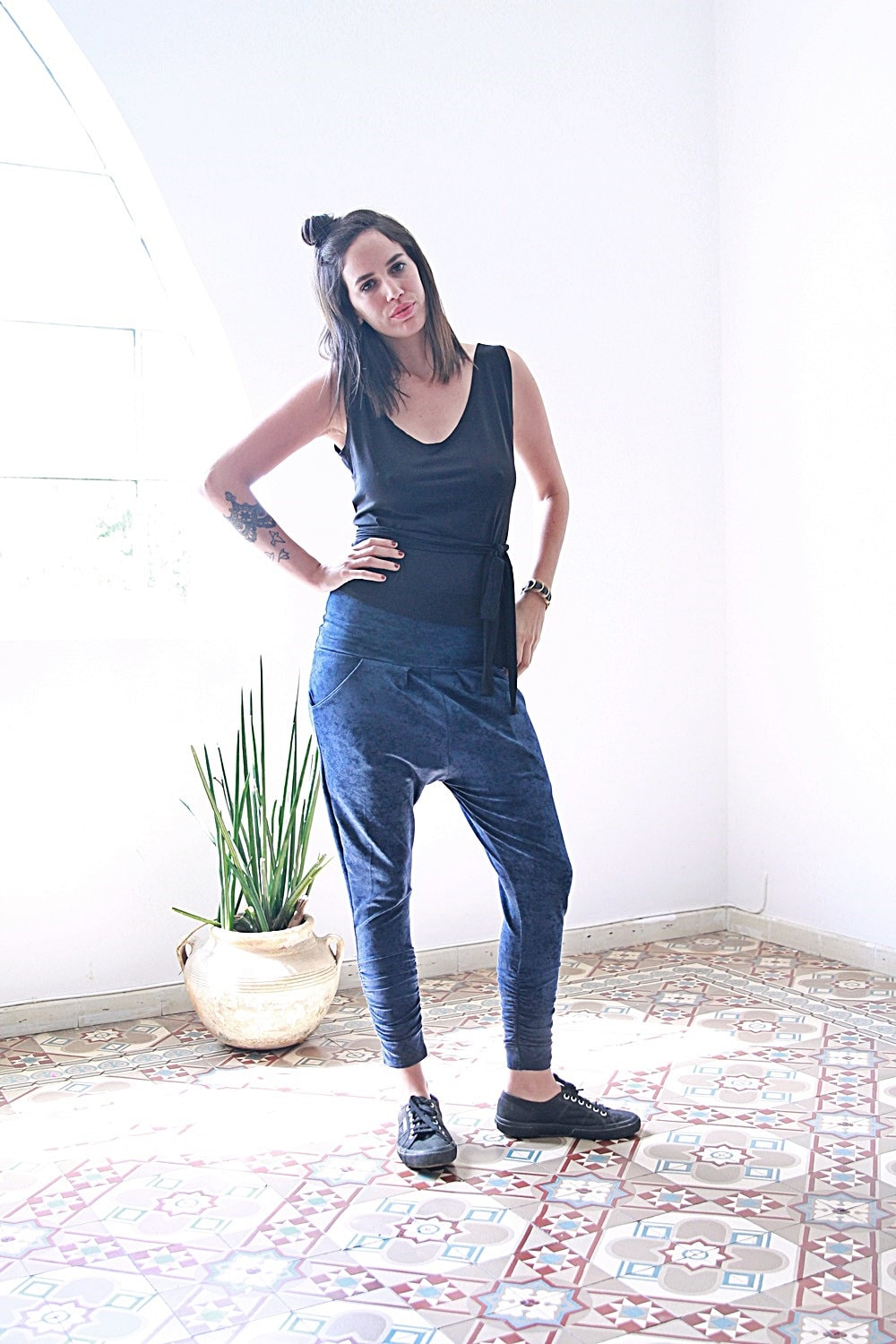 Blau Bedruckte Yoga Hose Baumwoll-Lycra Jogger von Picarona