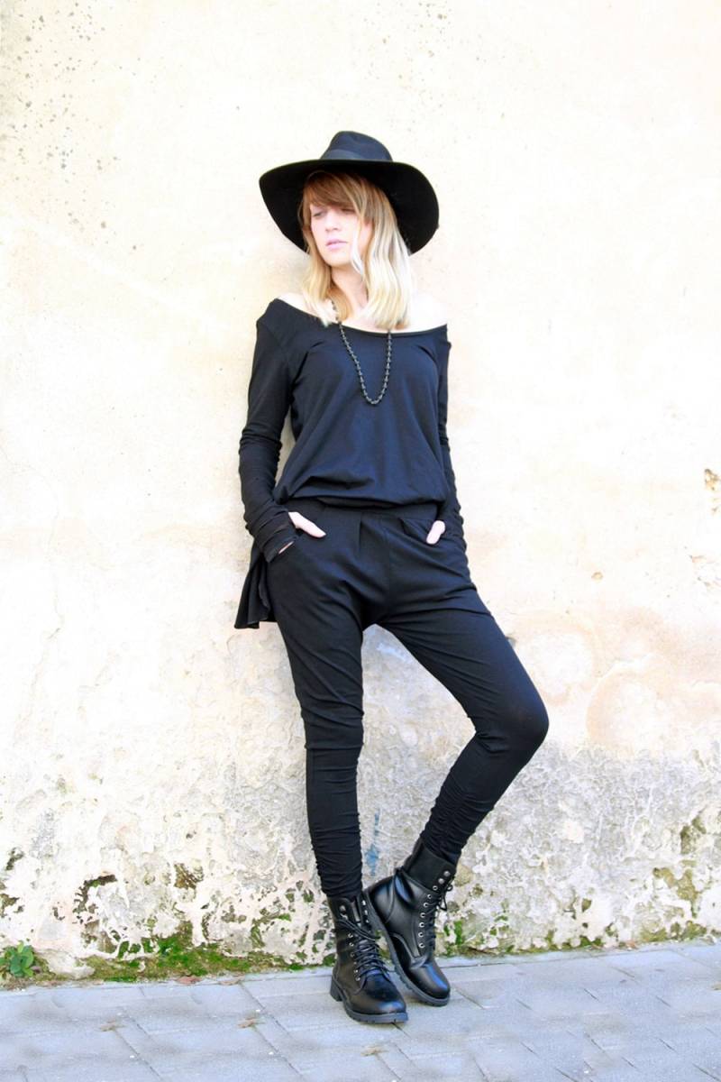 Schwarze Baumwoll-Lycra-Jogginghose Yogahose Mit Tiefem Schritt von Picarona