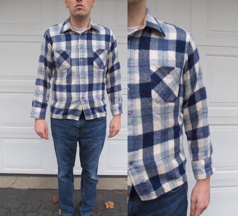 1960Er Jahre Herren Karierte Flanelljacke, Kariertes Flanellhemd, Jacke, Large, Navy Blau, Hellblau 1960Er Jahre Herren Karierte Flanelljacke, Kariertes Flanellhemd, Jacke, Large, Navy Blau, Hellblau von PicassosStudio