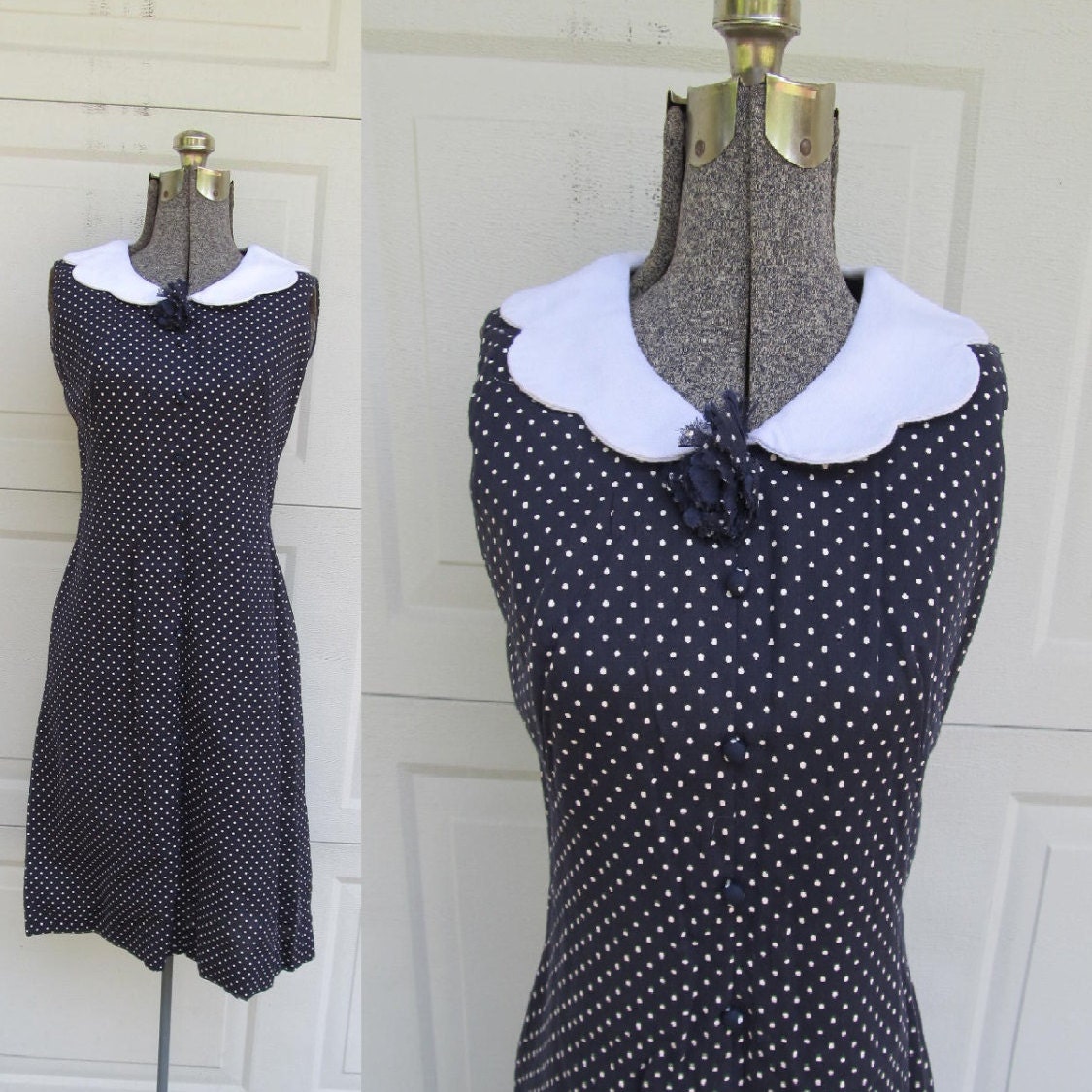 1960S Ärmelloses Kleid Mit Bogenkante, Marineblau, Gepunktet, S/xs von PicassosStudio