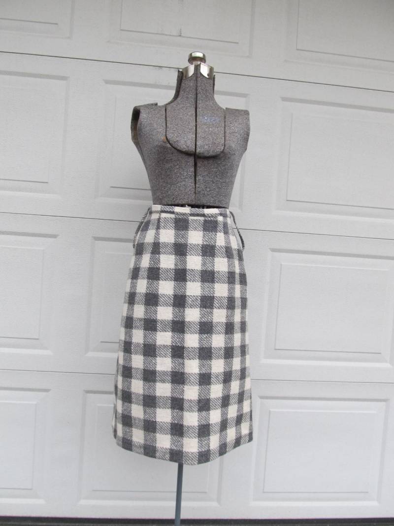 1970Er Jahre Grau-Weiß Karierter Wollrock, A-Linien Rock, Vintage Wollrock von PicassosStudio
