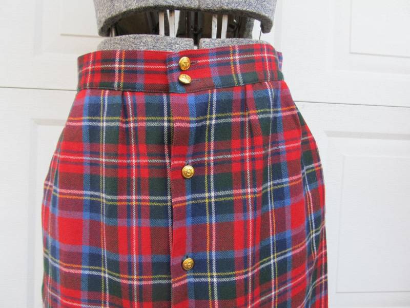 1970Er Jahre Roter, Blauer Und Grüner Bleistiftrock Aus Wolle Mit Goldknöpfen, Vintage Bleistiftrock, Xs von PicassosStudio