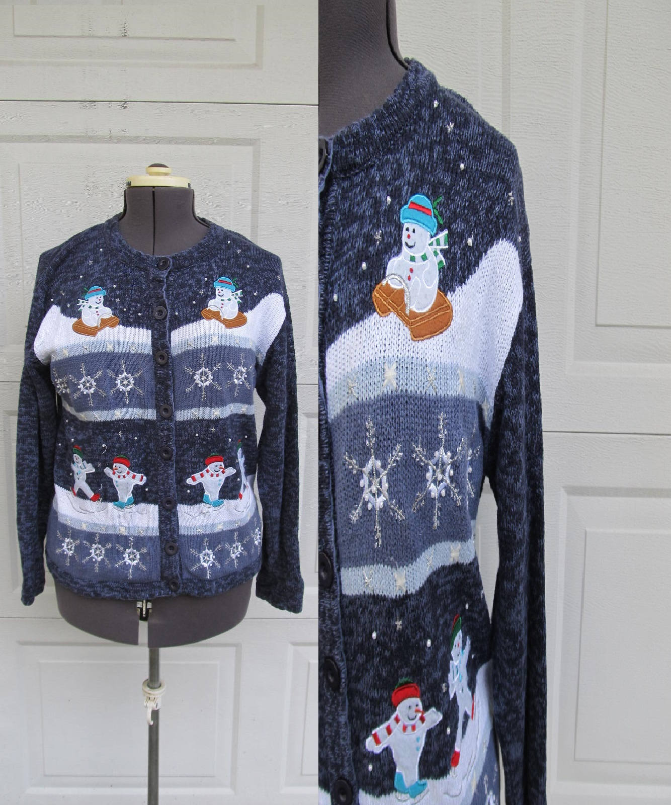 Vintage Hässliche Weihnachten Pullover, Schneemänner Schlitten, Knopfleiste Vorne, Medium von PicassosStudio