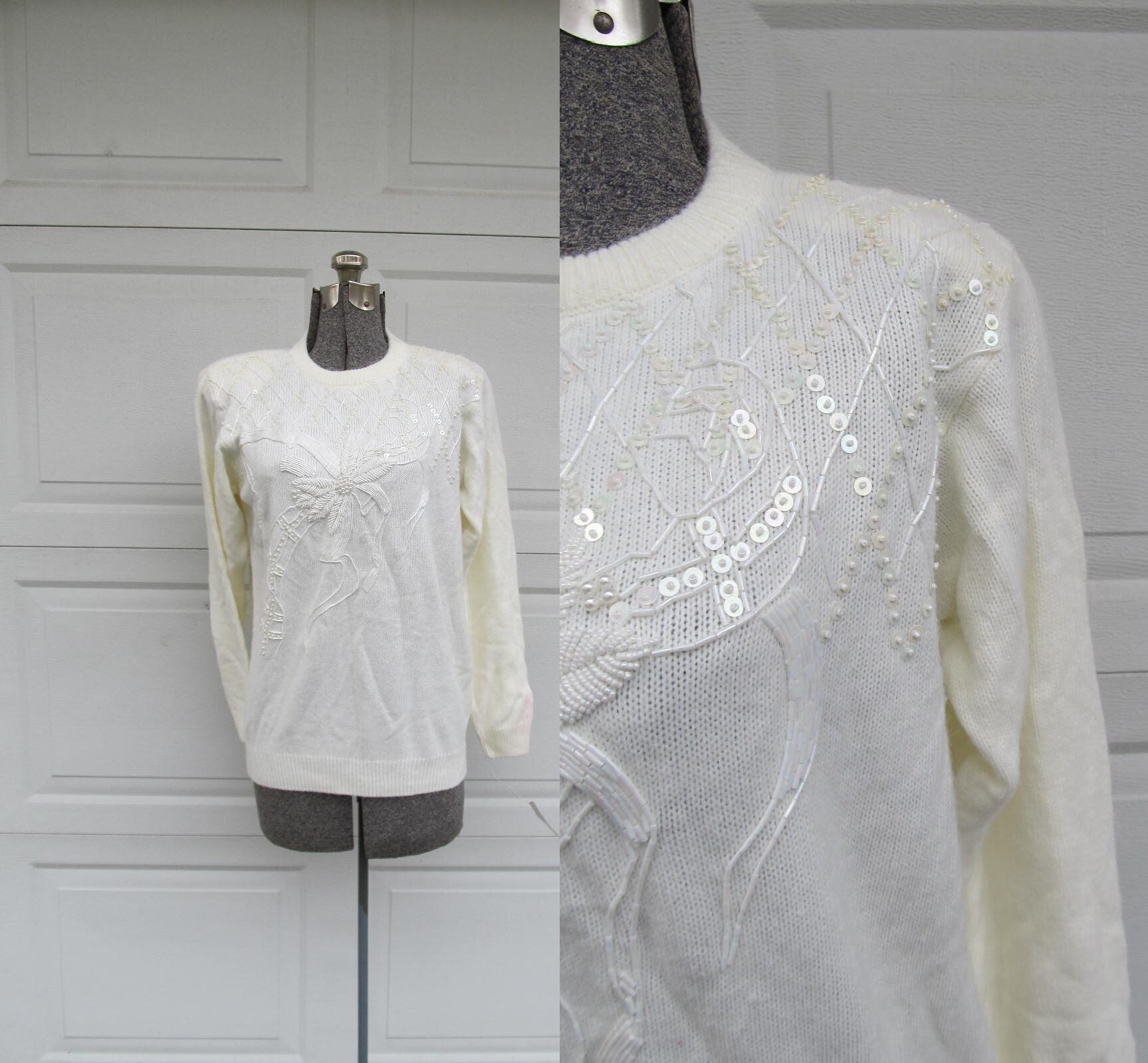 Vintage Hässliche Weihnachten Pullover, Weiße Perlen Pailletten Glitzernder Ungetragen, Medium von PicassosStudio