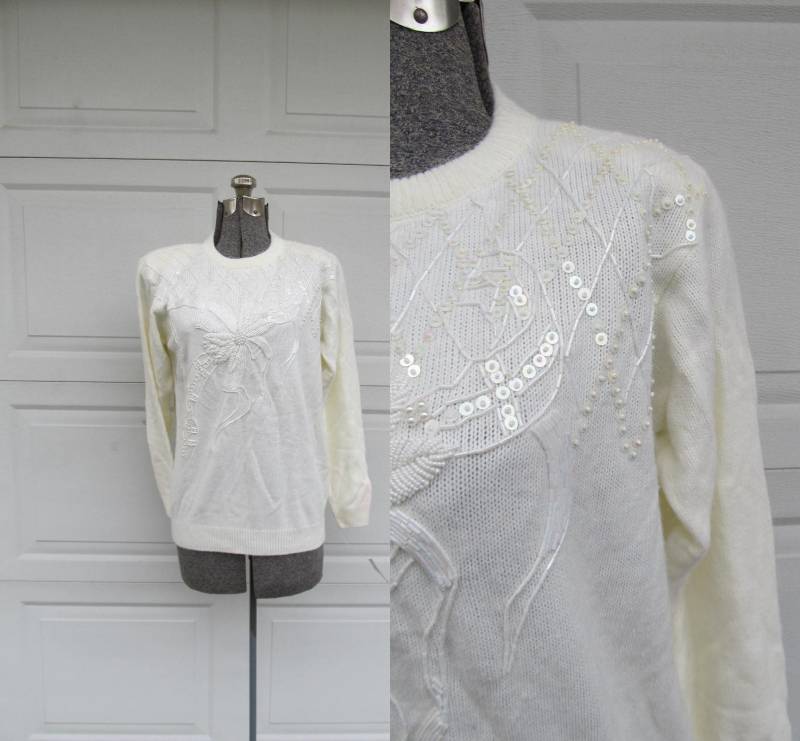 Vintage Hässliche Weihnachten Pullover, Weiße Perlen Pailletten Glitzernder Ungetragen, Medium von PicassosStudio