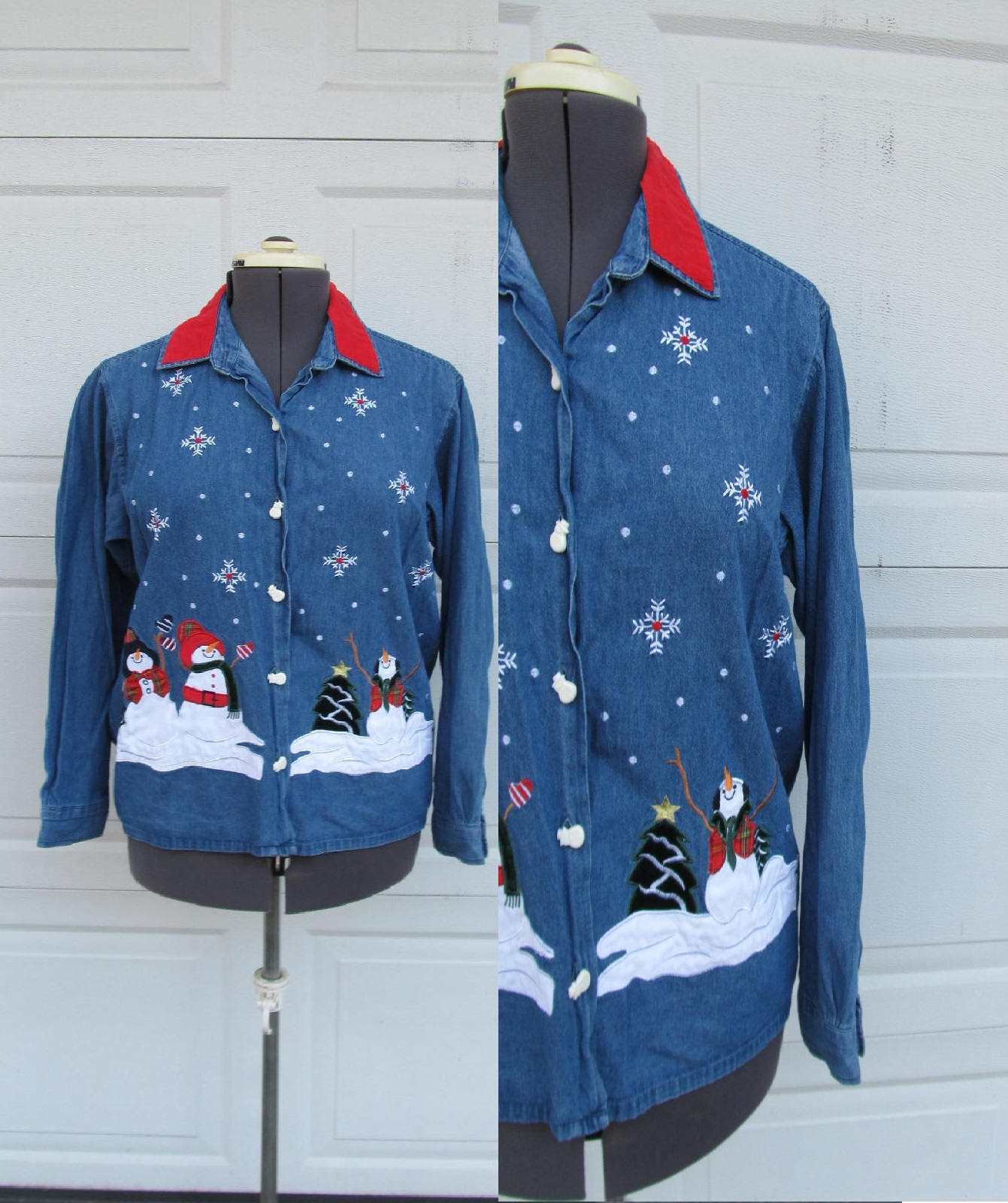 Vintage Hässliches Weihnachtshemd, Button-Down-Hemd, Schneemänner, Large von PicassosStudio
