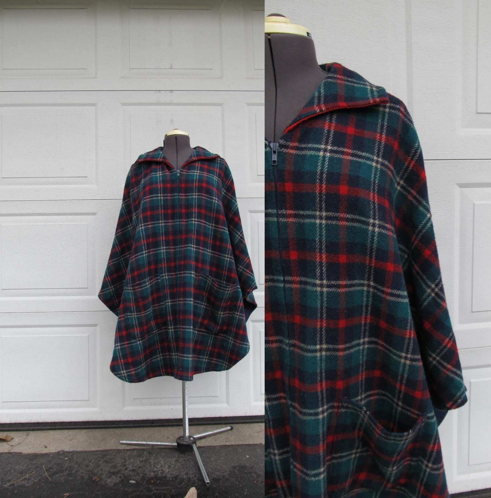 Vintage Karierter Wollumhang, Rot, Grün, Blau, Weihnachten Kariertes Cape, Einheitsgröße von PicassosStudio