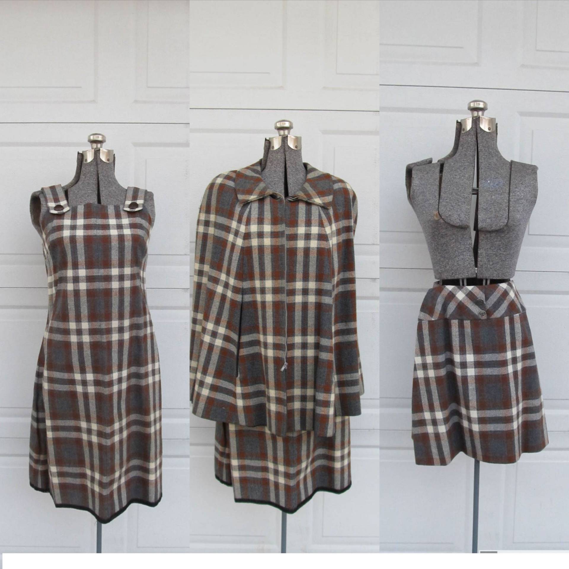 Vintage Passendes Set Mit Kariertem Wollcape-Pullover Schürzenrock in Grau, Braun, Kariert S von PicassosStudio