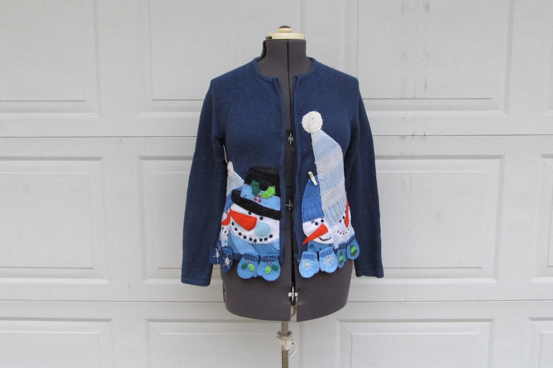 Vintage Ugly Christmas Pullover, 1980Er Jahre Große Schneemänner Und Handschuhe, M/L von PicassosStudio