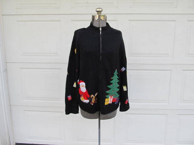 Vintage Ugly Christmas Pullover, 1980Er Jahre Weihnachtsmann, Tannenbaum Und Geschenke, Zip Front Cardigan, Xxl von PicassosStudio