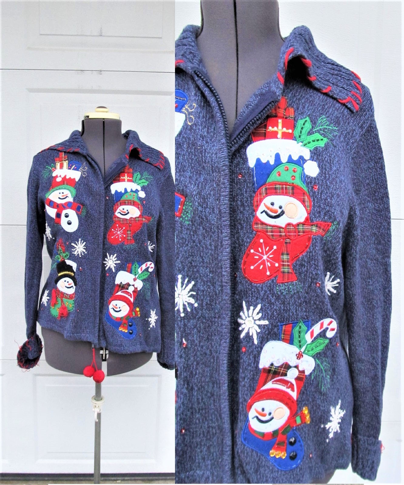 Vintage Ugly Christmas Pullover, Strickjacke Mit Großen Gefilzten Schneemännern, Pom Zipper Puller, L von PicassosStudio