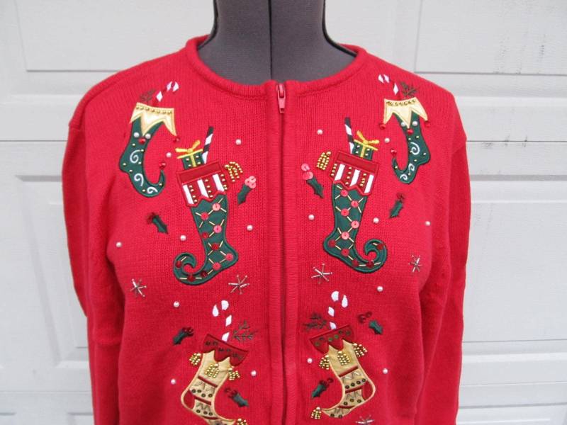Vintage Ugly Christmas Pullover, Strümpfe, Strickjacke Mit Reißverschluss Vorne, Large von PicassosStudio