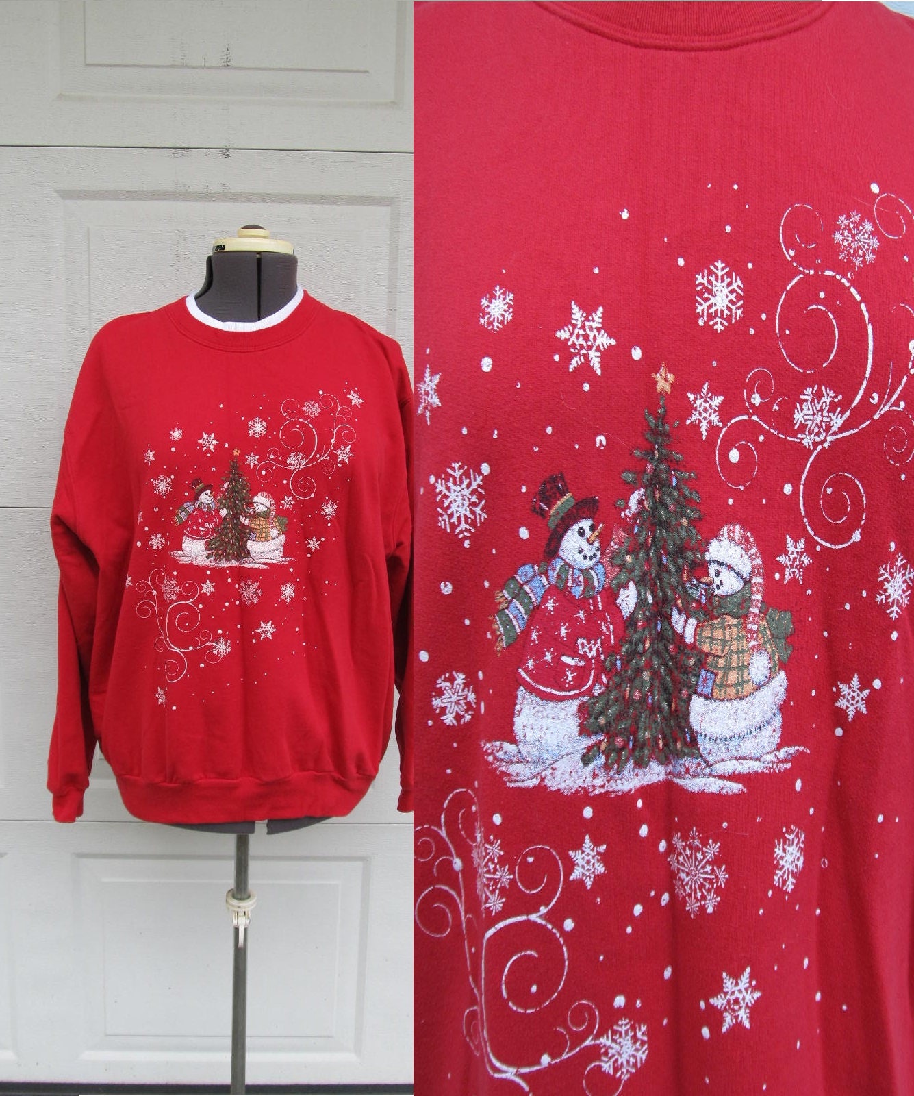 Vintage Ugly Christmas Sweatshirt, Schneemänner Und Baum, Verschneite Szene, 2x von PicassosStudio
