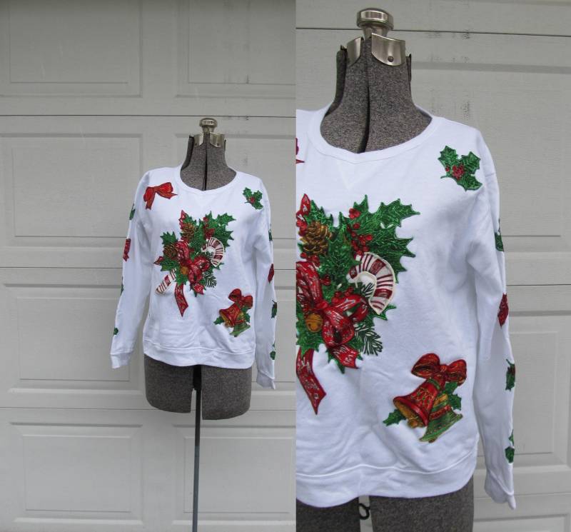 Vintage Ugly Christmas Sweatshirt, Weihnachtsstern Und Zuckerstange, Glitzer Small von PicassosStudio