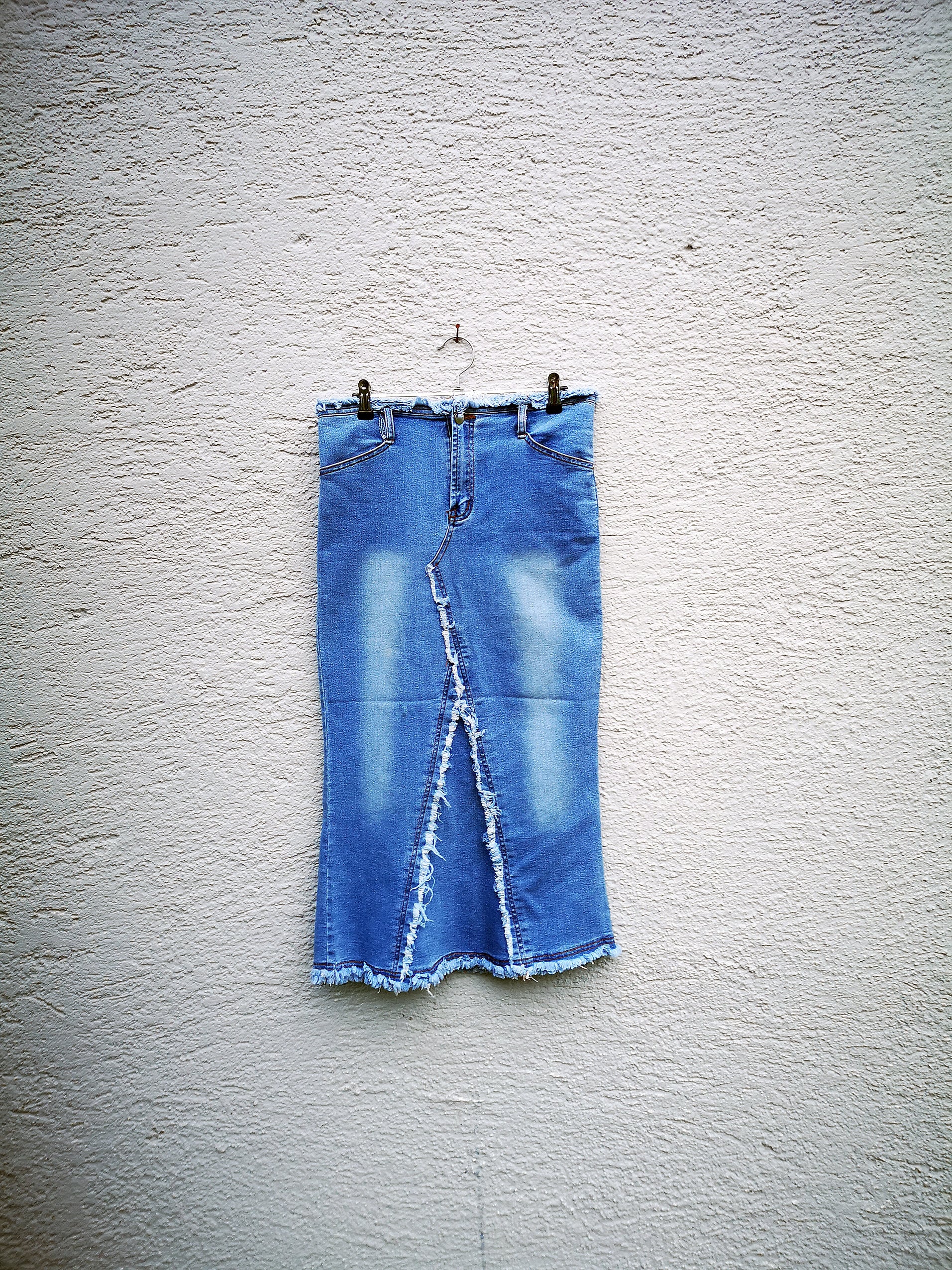 Damen 90Er Jahre Denim Bleistift Rock Hohe Taille Lang Maxi Blue Jeans Medium Preppy Style von PiccobelloVintage