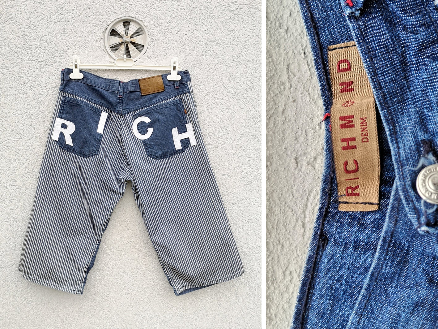 Vintage 90Er Jahre Richmond Herren Denim Shorts Bermuda Style Blau Gestreifte Designer Logo Jeans von PiccobelloVintage