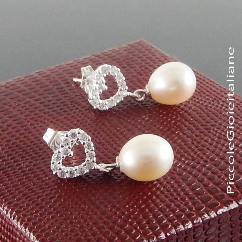 925 Silber Ohrringe Perle Handgefertigte Braut Mit Zirkonia Herz Elegantiorecchini von PiccoleGioieitaliane