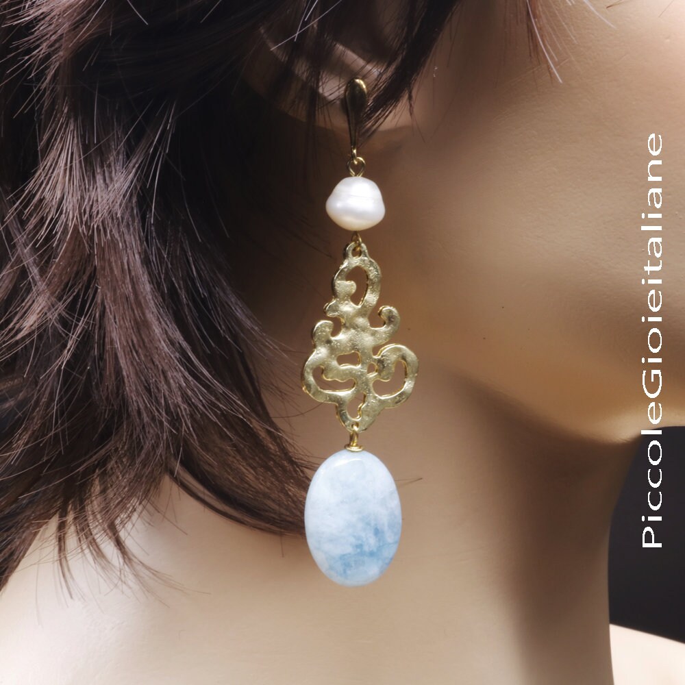 Moderne Ohrringe Perle Handgefertigt Baumeln Silber Achat von PiccoleGioieitaliane