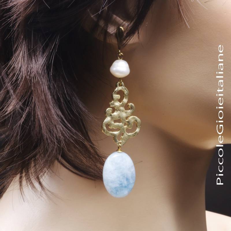 Moderne Ohrringe Perle Handgefertigt Baumeln Silber Achat von PiccoleGioieitaliane