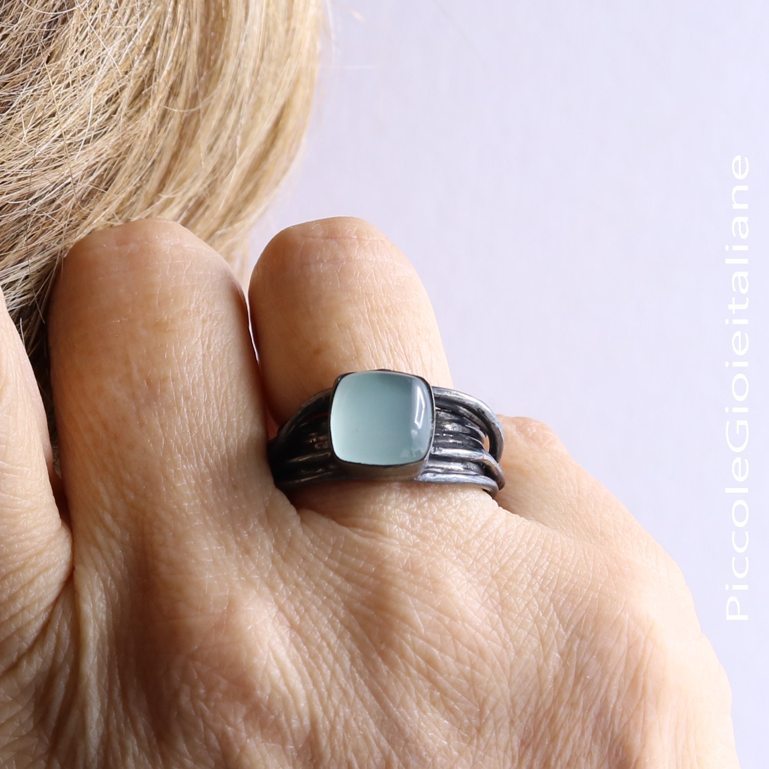 Multiwire 925 Silber Ring, Ring Oxidiert Chalzedon Cabochon Handwerker Gewebt Multi von PiccoleGioieitaliane