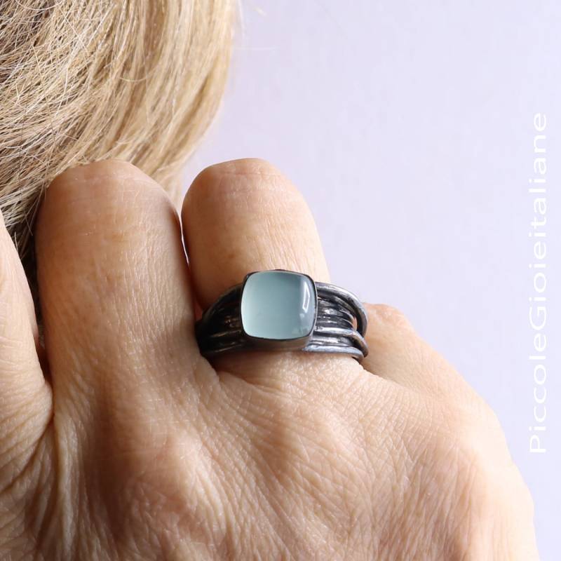 Multiwire 925 Silber Ring, Ring Oxidiert Chalzedon Cabochon Handwerker Gewebt Multi von PiccoleGioieitaliane