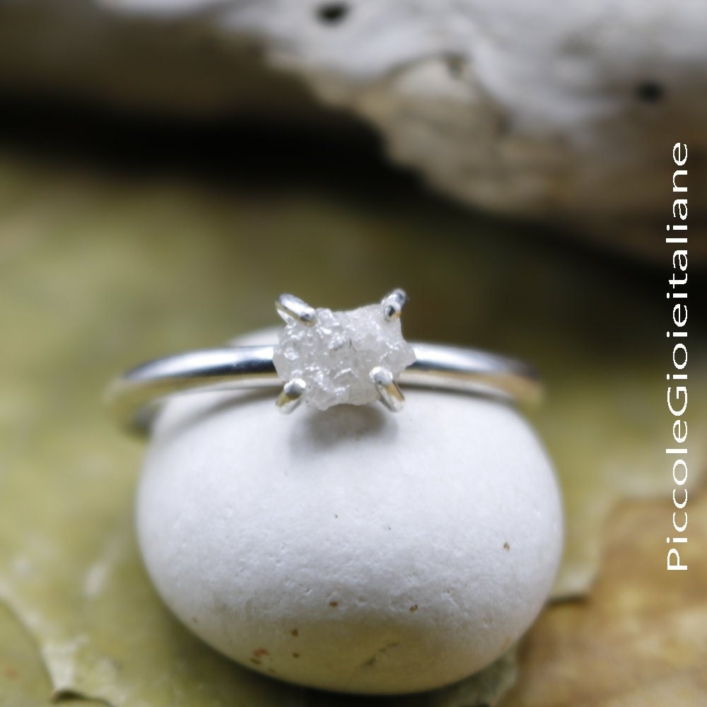 Verlobungsring, Weißer Diamantring, 925Er Silberring, Roh - Und Silberdiamant, Rohsteinring, Handgefertigter Ring von PiccoleGioieitaliane