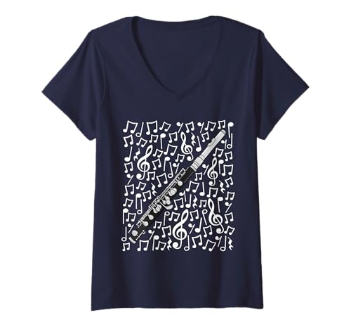 Damen Piccolo Musiknoten Holzblasinstrument Musiklehrer T-Shirt mit V-Ausschnitt Damen Piccolo Musiknoten Holzblasinstrument Musiklehrer T-Shirt mit V-Ausschnitt von Piccolo Teacher Notation Flute Player By DoodleRob