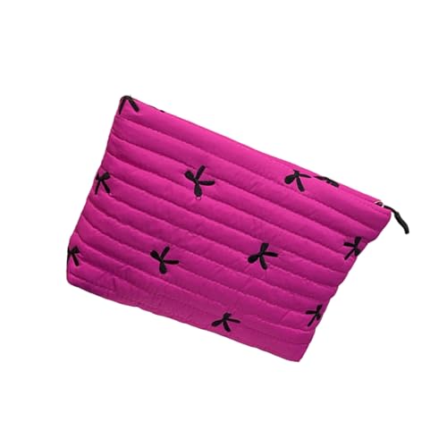 Gesteppter Make-up-Organizer, besticktes Schleifen-Design, geräumige, waschbare Kosmetik-Aufbewahrungstasche für Reisen, unverzichtbare Polyester-Kosmetik-Aufbewahrungstasche, rosarot von Piceioep