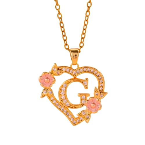 Halskette mit romantischem Blumen-Initialen-Anhänger, Messingkette, zierlicher Herzanhänger, Modeschmuck, Geschenk, trendiges passendes Outfit, Schmuckstück, Einheitsgröße, Wie beschrieben, Wie von Piceioep