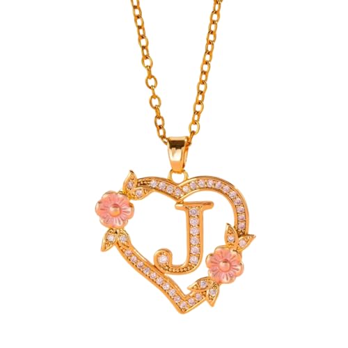 Halskette mit romantischem Blumen-Initialen-Anhänger, Messingkette, zierlicher Herzanhänger, Modeschmuck, Geschenk, trendiges passendes Outfit, Schmuckstück, Einheitsgröße, Wie beschrieben, Wie von Piceioep