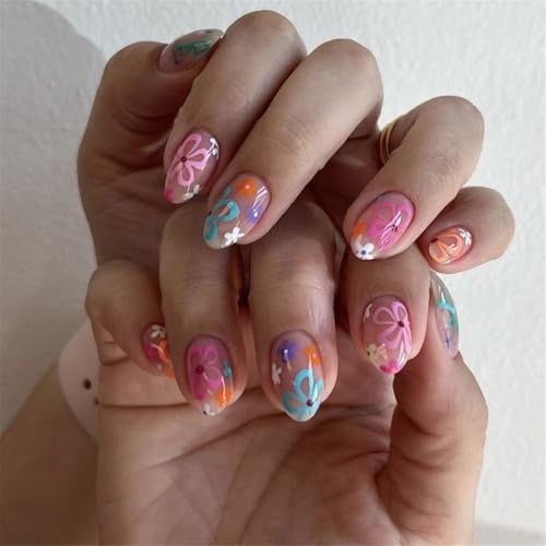 Künstliche Fingernägel, Mandel, Blume, französische Kunstnägel, Acryl, künstliche Nägel, zum Aufkleben, für Damen, 24 Stück von Piceioep