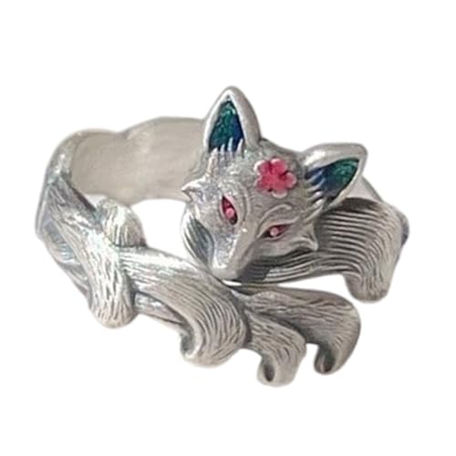 Piceioep Aufwendige Öl-Ringe mit Füchsen und Blumen, verstellbar, bequeme Passform, Pfirsichblüten, Füchse, Motive, Ringe für den täglichen Gebrauch oder Party, romantisches Geschenk, Schmuck von Piceioep