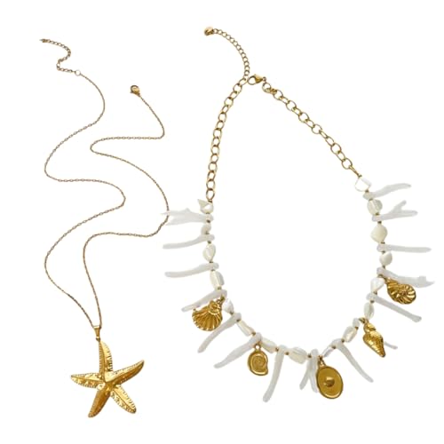 Piceioep Stapelbare Halskette mit Seesternen, Korallenmuschelperlen, verstellbar, mehrsträngiges Design für Frauen, Schmuck, einzigartige Edelstahl-Halskette mit Marine-Thema von Piceioep