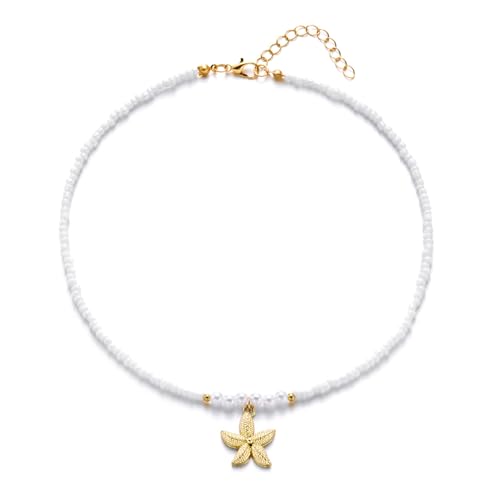 Piceioep Stilvolle Seestern-Perlen-Halskette Designs Perlen Akzent verstellbare Kette für Strandpartys und Urlaub Perlenkette, Einheitsgröße, Wie beschrieben, Wie beschrieben von Piceioep
