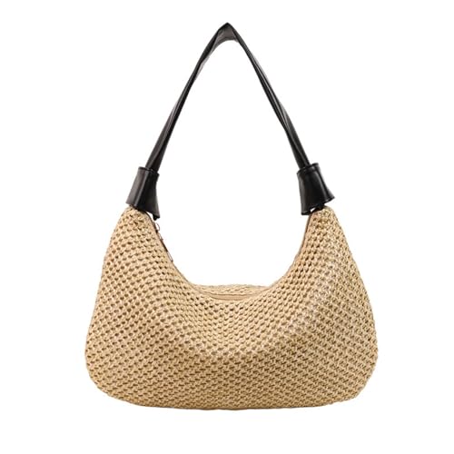 Piceioep Stilvolle gewebte Strohtasche für Strandreisen, leicht, mit Tragegriff oben, atmungsaktiv, Handtasche mit farbblockierendem Design, atmungsaktive Strohtasche, Schwarz , One Size von Piceioep