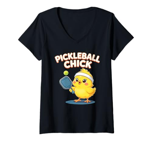 Damen Niedliches Pickleball-Küken, lustiges gelbes Vogelpaddel-Design T-Shirt mit V-Ausschnitt Damen Niedliches Pickleball-Küken, lustiges gelbes Vogelpaddel-Design T-Shirt mit V-Ausschnitt von Pickle Chick Paddle Wear