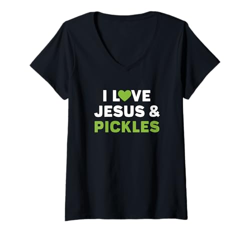 Damen Ich Liebe Jesus und Gurken Lustiger christlicher Glaube T-Shirt mit V-Ausschnitt von Pickle Lover Christian Kids and Adults