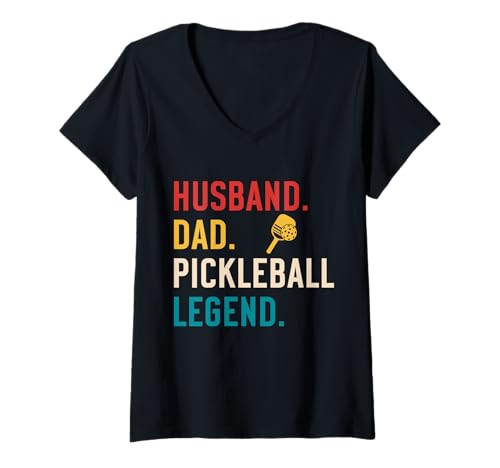 Damen Ehemann, Vater, Pickleball-Legende, Paddelball-Liebhaber T-Shirt mit V-Ausschnitt von Pickle ball Lover Coach Humor Birthday Dad Graphic