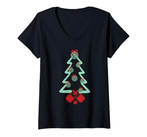 Damen Lustiger Pickleball-Baum, hässliche Weihnachten T-Shirt mit V-Ausschnitt Damen Lustiger Pickleball-Baum, hässliche Weihnachten T-Shirt mit V-Ausschnitt von Pickleball Christmas Coquette Bows