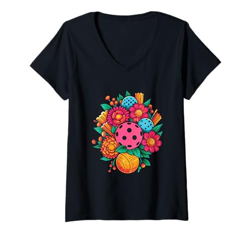 Damen Pickleball Hübscher Blumenstrauß T-Shirt mit V-Ausschnitt Damen Pickleball Hübscher Blumenstrauß T-Shirt mit V-Ausschnitt von Pickleball Cute Dink It Designs